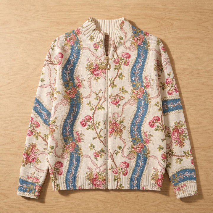 Dames Gebloemd Gebreid Vest met Rits en Gouden Ritssluiting