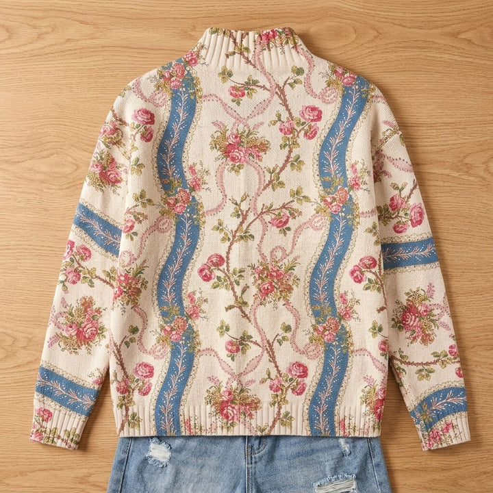 Dames Gebloemd Gebreid Vest met Rits en Gouden Ritssluiting