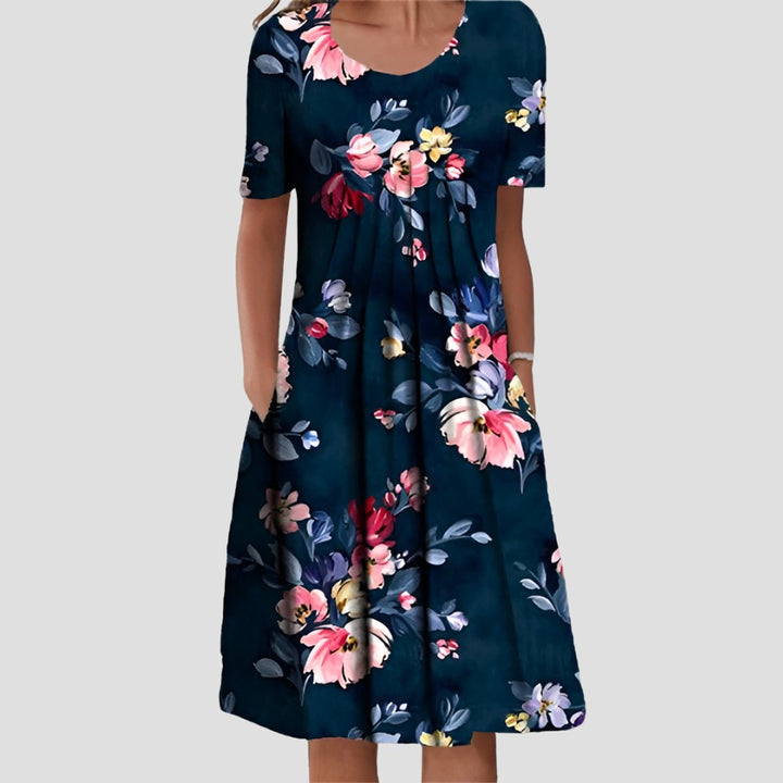 Dames Gebloemde A-lijn Midi-jurk Korte Mouwen Zakken - Blauw