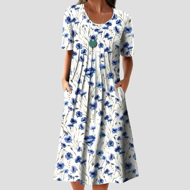 Dames Gebloemde A-lijn Midi-jurk Korte Mouwen Zakken - Wit-Blauw