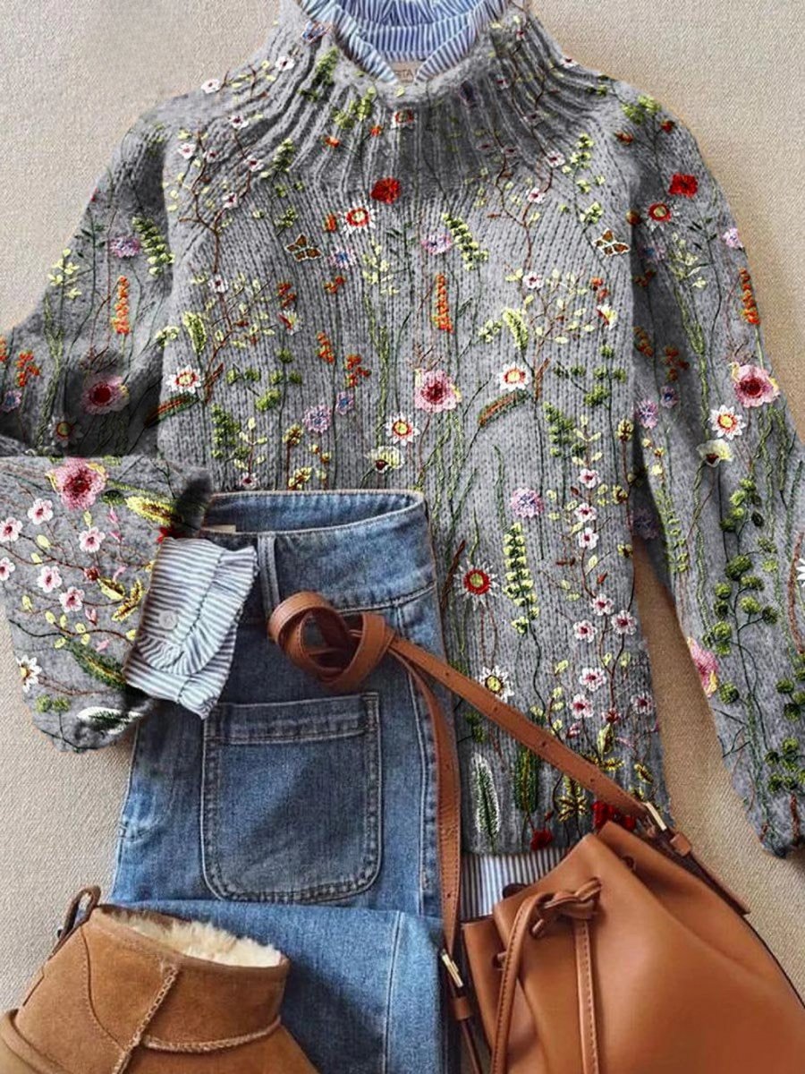 Dames Gebloemde Gebreide Coltrui Pullover met Borduurwerk - Veelkleurig