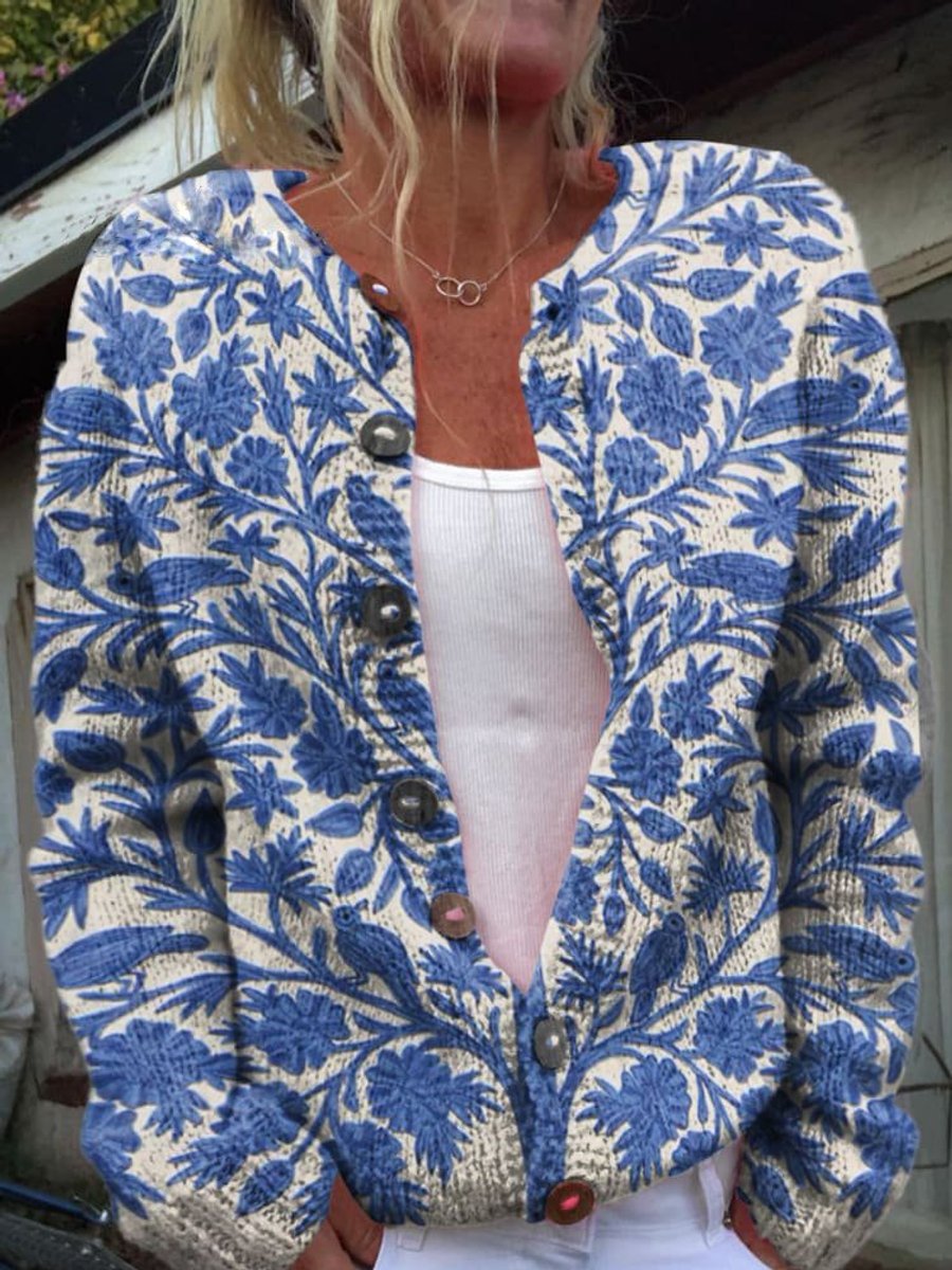 Dames Gebloemde Gebreide Knoop Cardigan - Stijl 1
