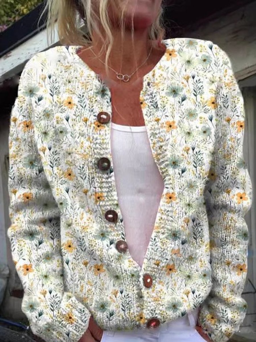 Dames Gebloemde Gebreide Knoop Cardigan - Stijl 2