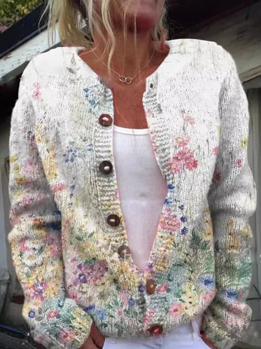 Dames Gebloemde Gebreide Knoop Cardigan - Stijl 4