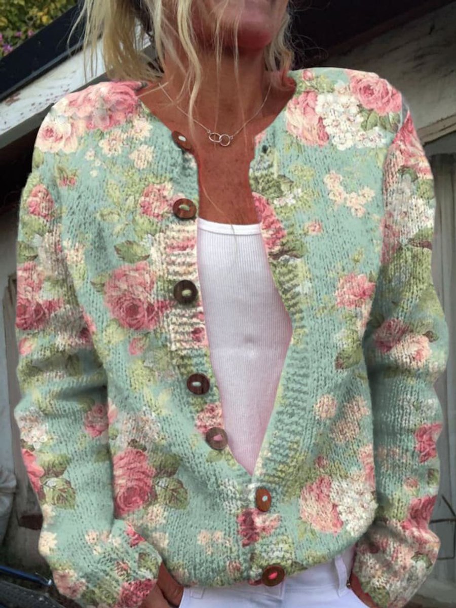 Dames Gebloemde Gebreide Knoop Cardigan - Stijl 6