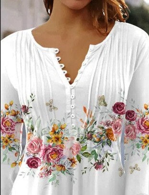 Dames Gebloemde Lange Mouw Henley Blouse Relaxed Fit