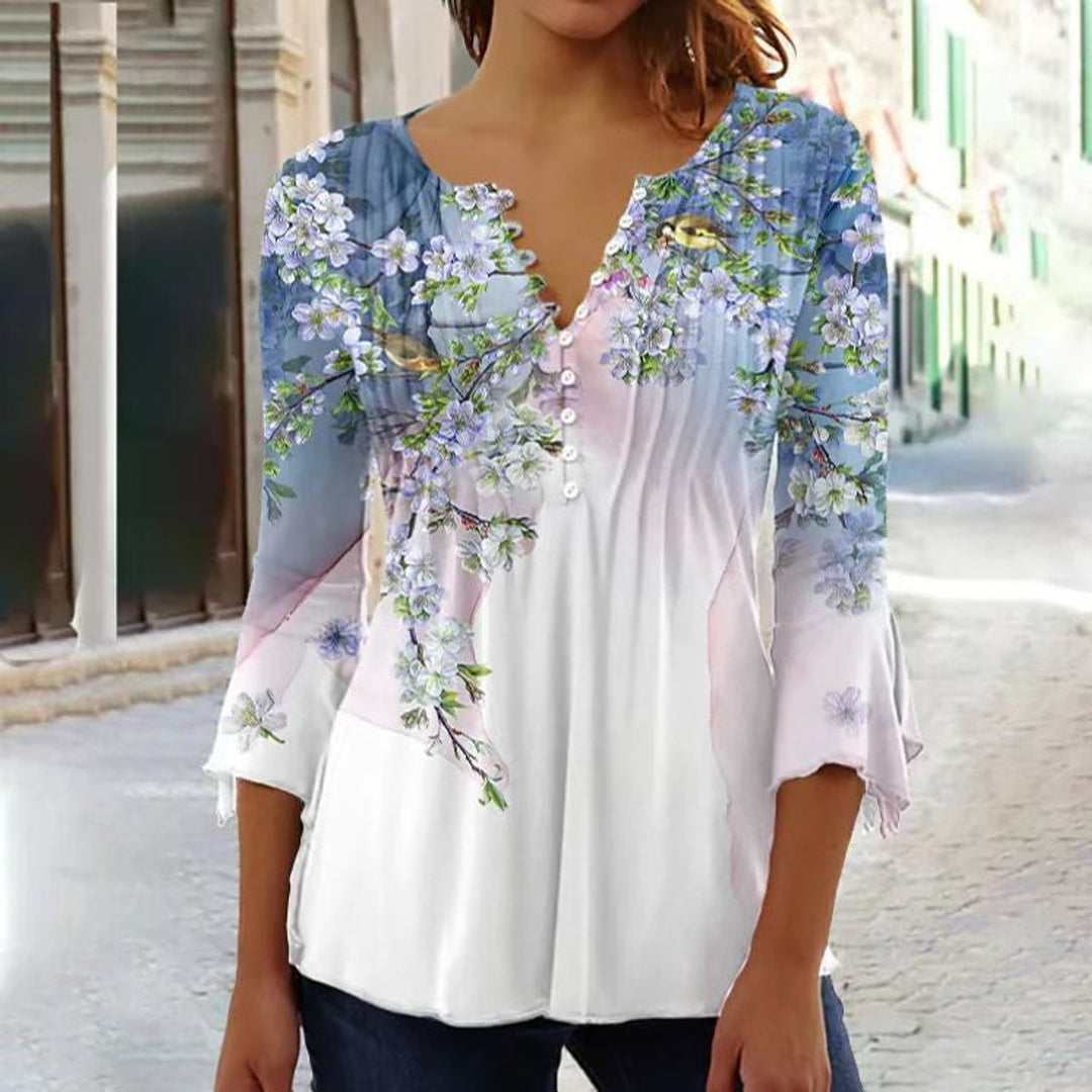 Dames Gebloemde Lange Mouw Henley Blouse Relaxed Fit - White-Blue