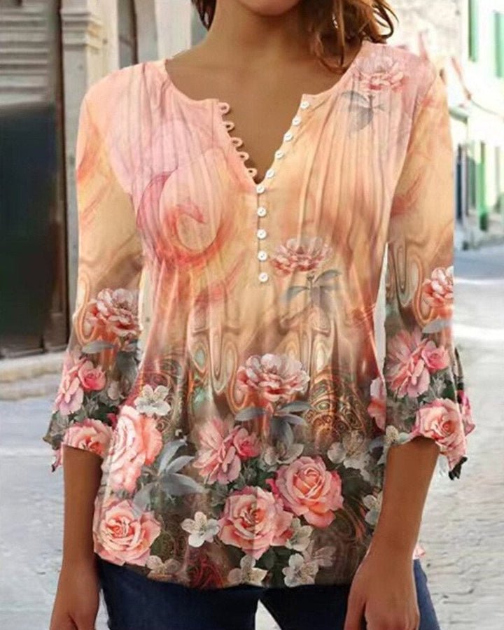 Dames Gebloemde Lange Mouw Henley Blouse Relaxed Fit - Orange
