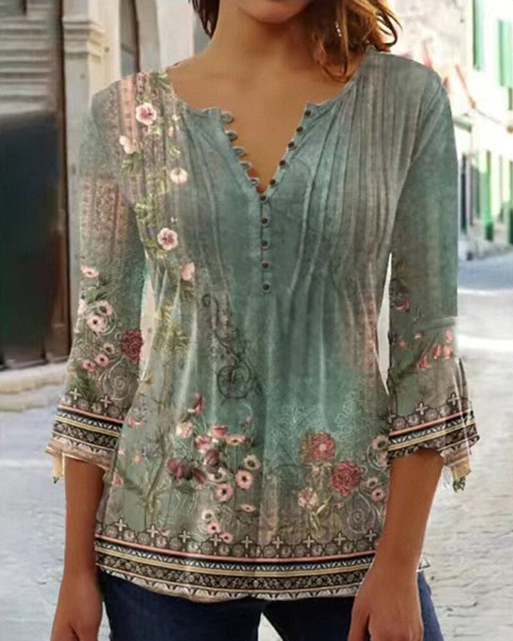 Dames Gebloemde Lange Mouw Henley Blouse Relaxed Fit - Green