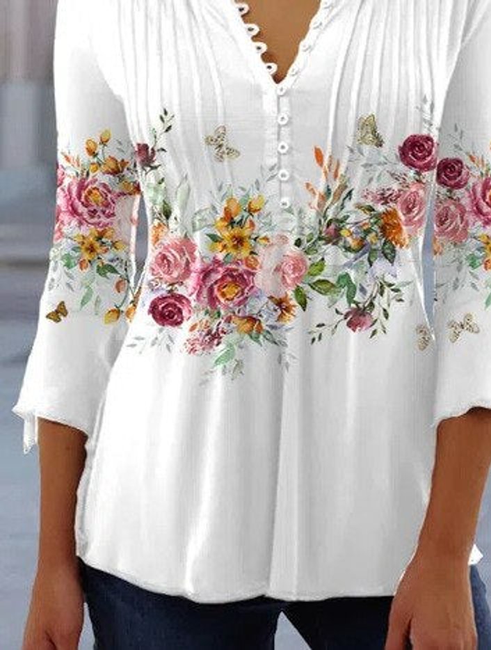 Dames Gebloemde Lange Mouw Henley Blouse Relaxed Fit