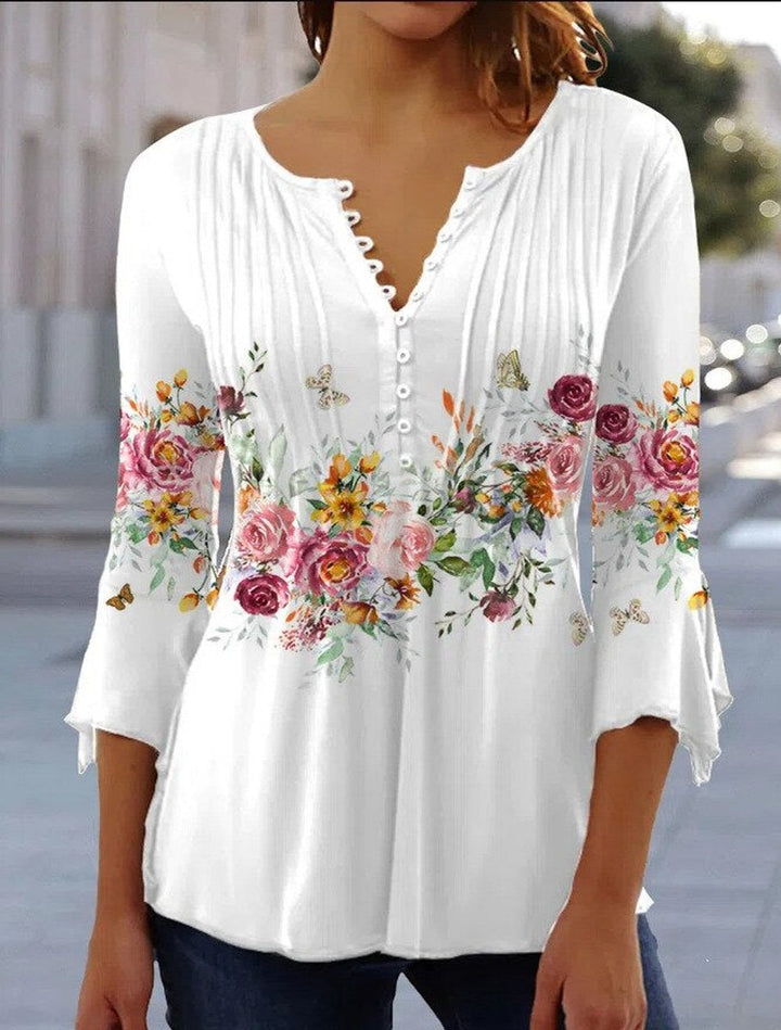 Dames Gebloemde Lange Mouw Henley Blouse Relaxed Fit - Floral White