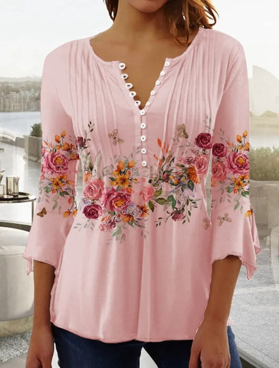 Dames Gebloemde Lange Mouw Henley Blouse Relaxed Fit - Pink