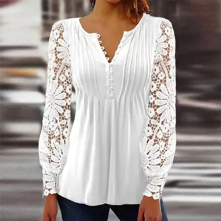 Dames Gebloemde Lange Mouw Henley Blouse Relaxed Fit - White