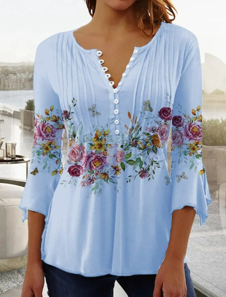 Dames Gebloemde Lange Mouw Henley Blouse Relaxed Fit - Light Blue