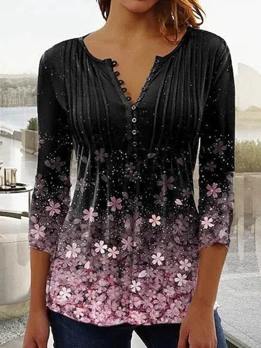 Dames Gebloemde Lange Mouw Henley Blouse Relaxed Fit - Black