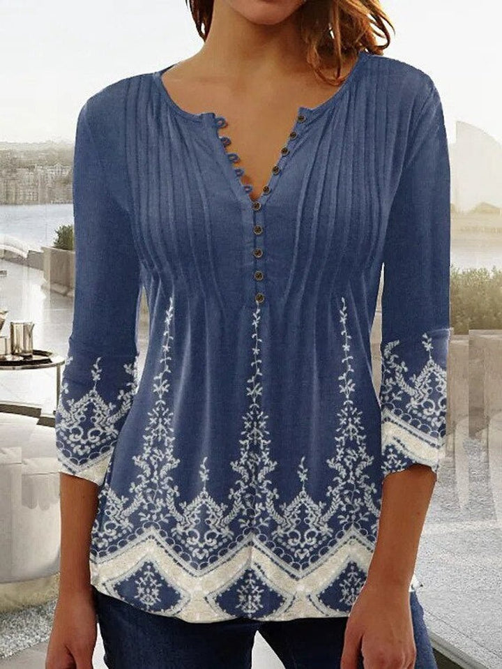 Dames Gebloemde Lange Mouw Henley Blouse Relaxed Fit - Blue
