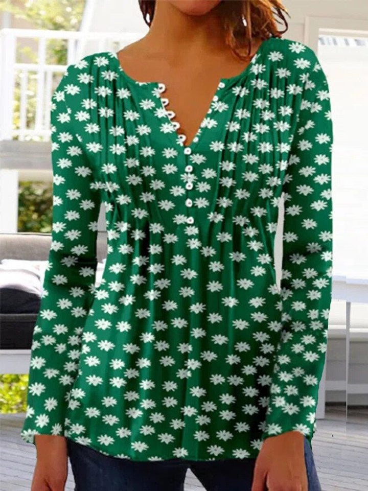 Dames Gebloemde Lange Mouw Henley Blouse Relaxed Fit - Dark green