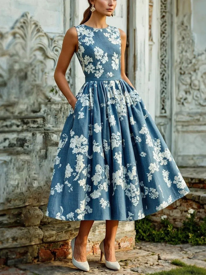 Dames Gebloemde Linen Midi Jurk Off-Shoulder - Blue