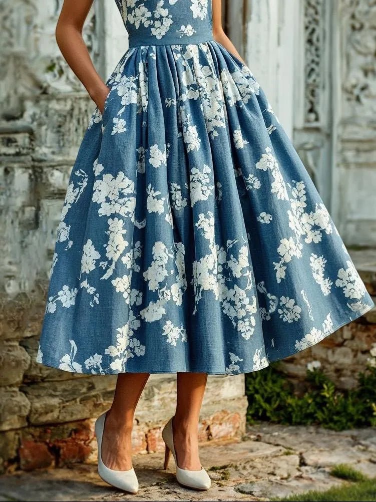 Dames Gebloemde Linen Midi Jurk Off-Shoulder