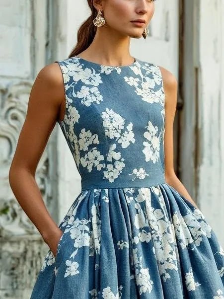 Dames Gebloemde Linen Midi Jurk Off-Shoulder