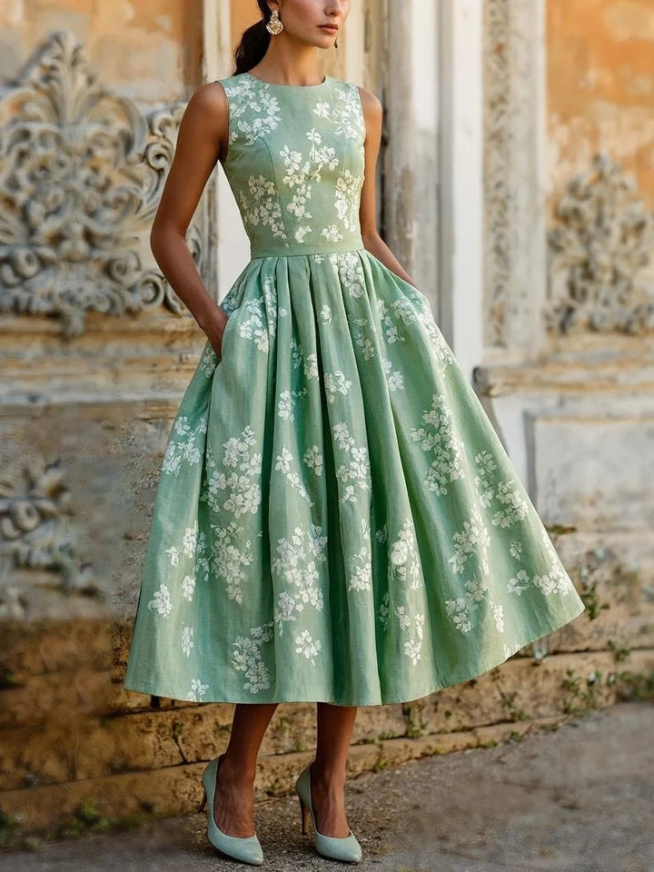 Dames Gebloemde Linen Midi Jurk Off-Shoulder - Green