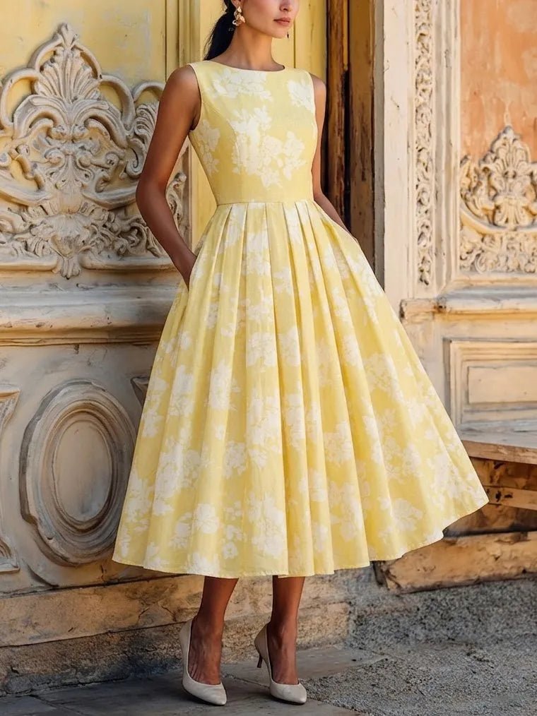 Dames Gebloemde Linen Midi Jurk Off-Shoulder - Yellow
