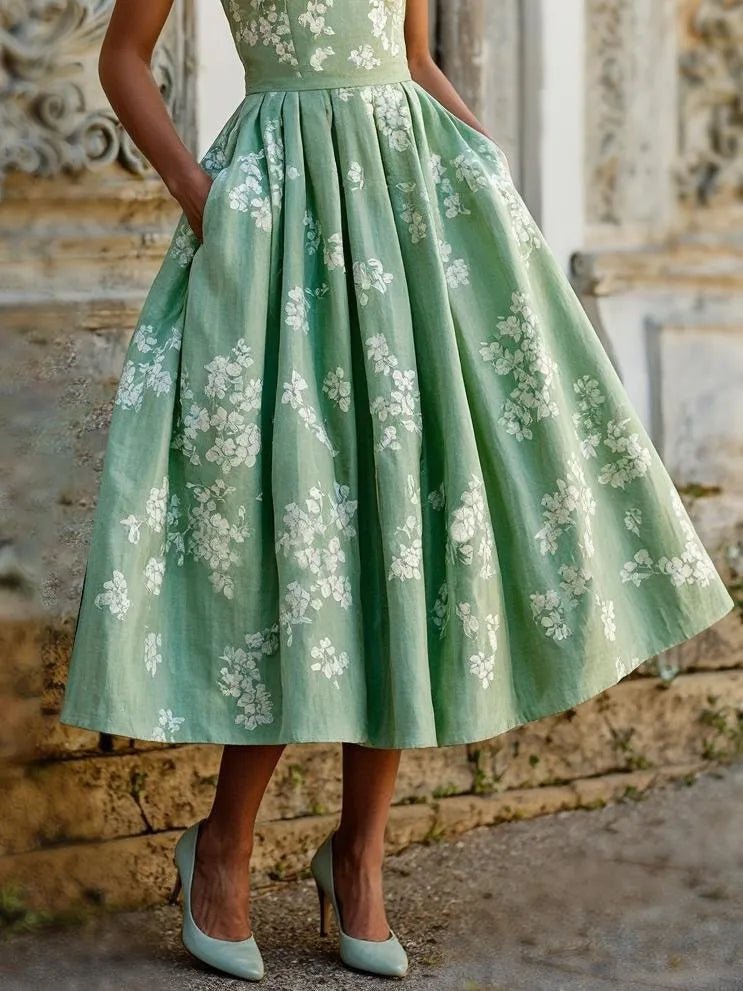 Dames Gebloemde Linen Midi Jurk Off-Shoulder