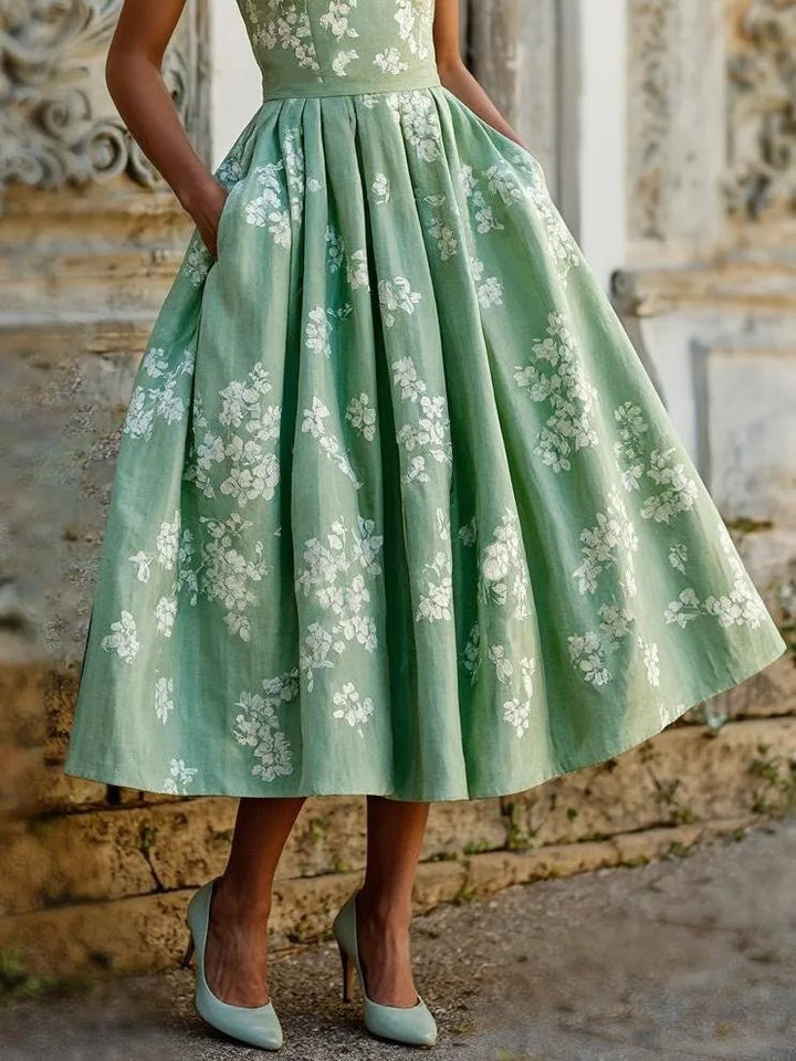 Dames Gebloemde Linen Midi Jurk Off-Shoulder