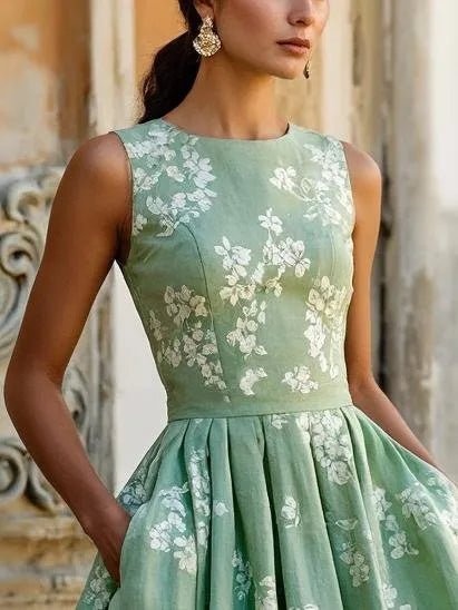 Dames Gebloemde Linen Midi Jurk Off-Shoulder