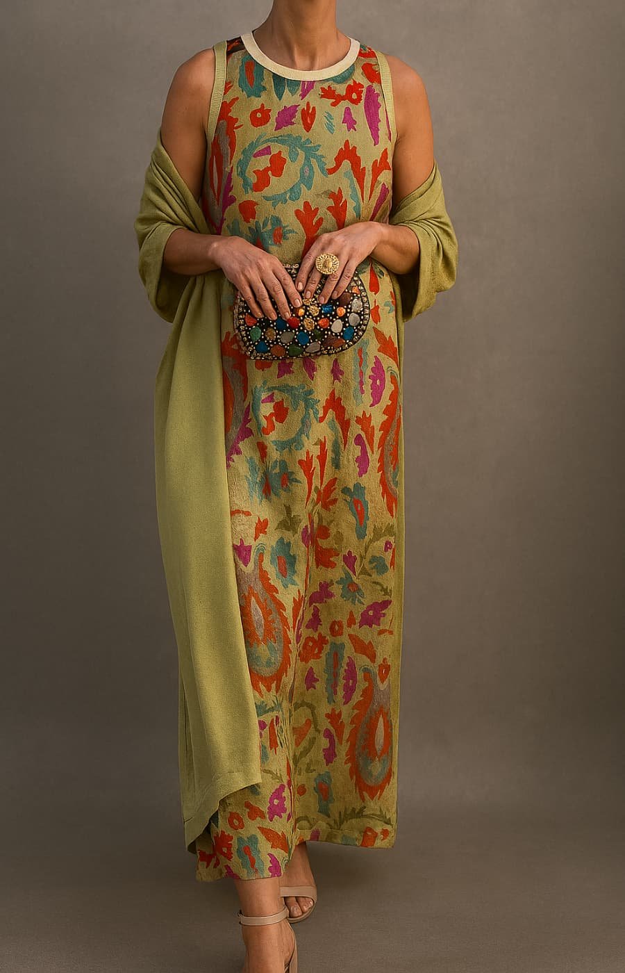 Dames Gebloemde Maxi Jurk Set met Matching Vest - Green