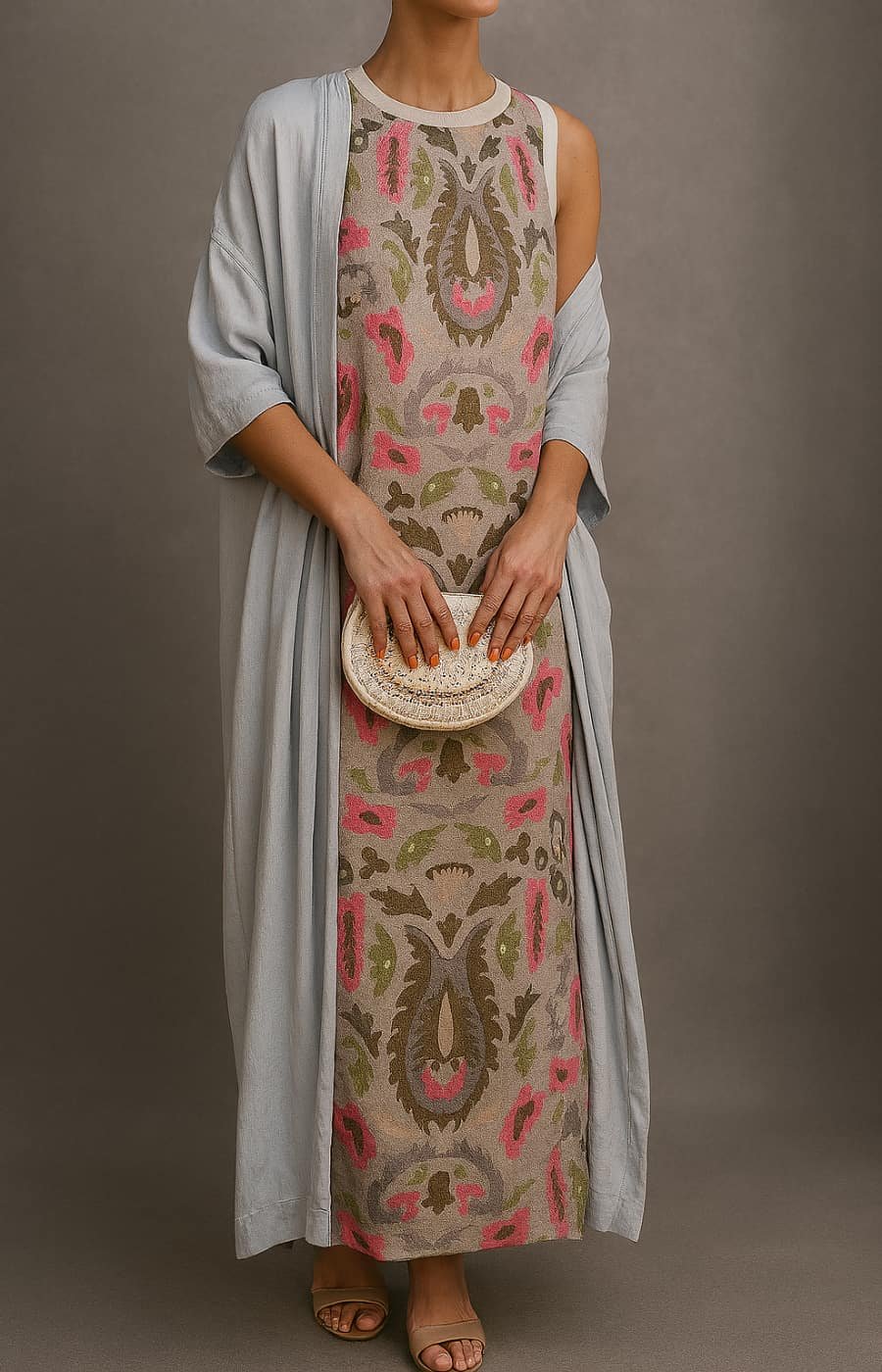 Dames Gebloemde Maxi Jurk Set met Matching Vest - Khaki