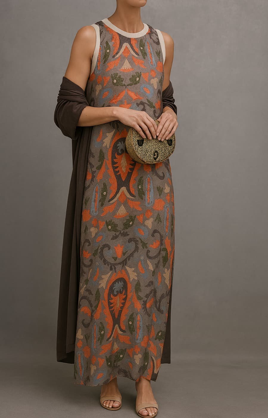 Dames Gebloemde Maxi Jurk Set met Matching Vest - Gray