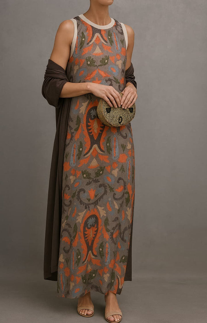 Dames Gebloemde Maxi Jurk Set met Matching Vest - Gray