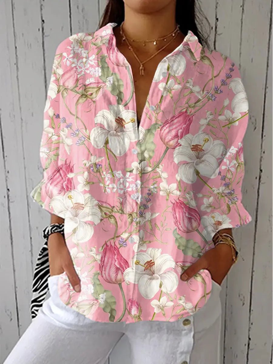 Dames Gebloemde Relaxed-Fit Knoopsluiting Blouse - Multicolor