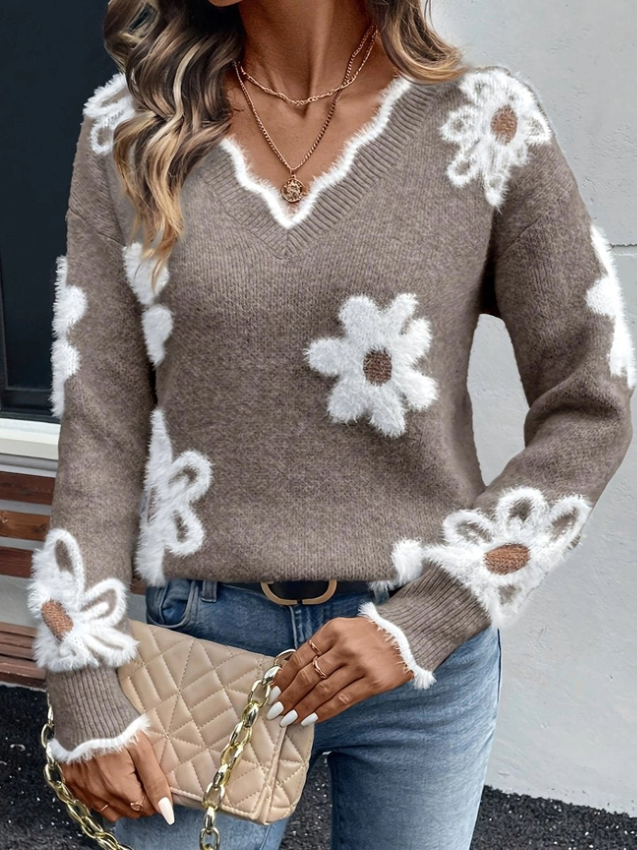 Dames Gebloemde V-hals Knit Sweater met Madeliefjes Motief - Khaki
