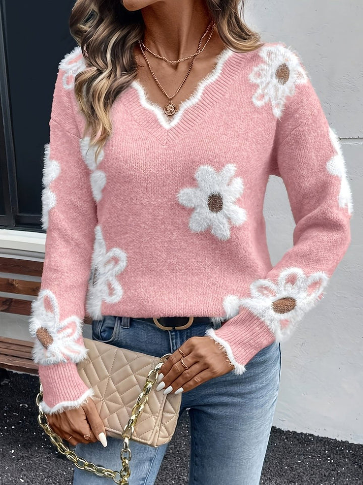 Dames Gebloemde V-hals Knit Sweater met Madeliefjes Motief