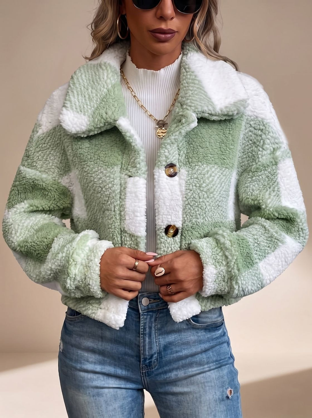 Dames Geblokte Teddy Jas Cropped Knoopsluiting Kraag - Groen