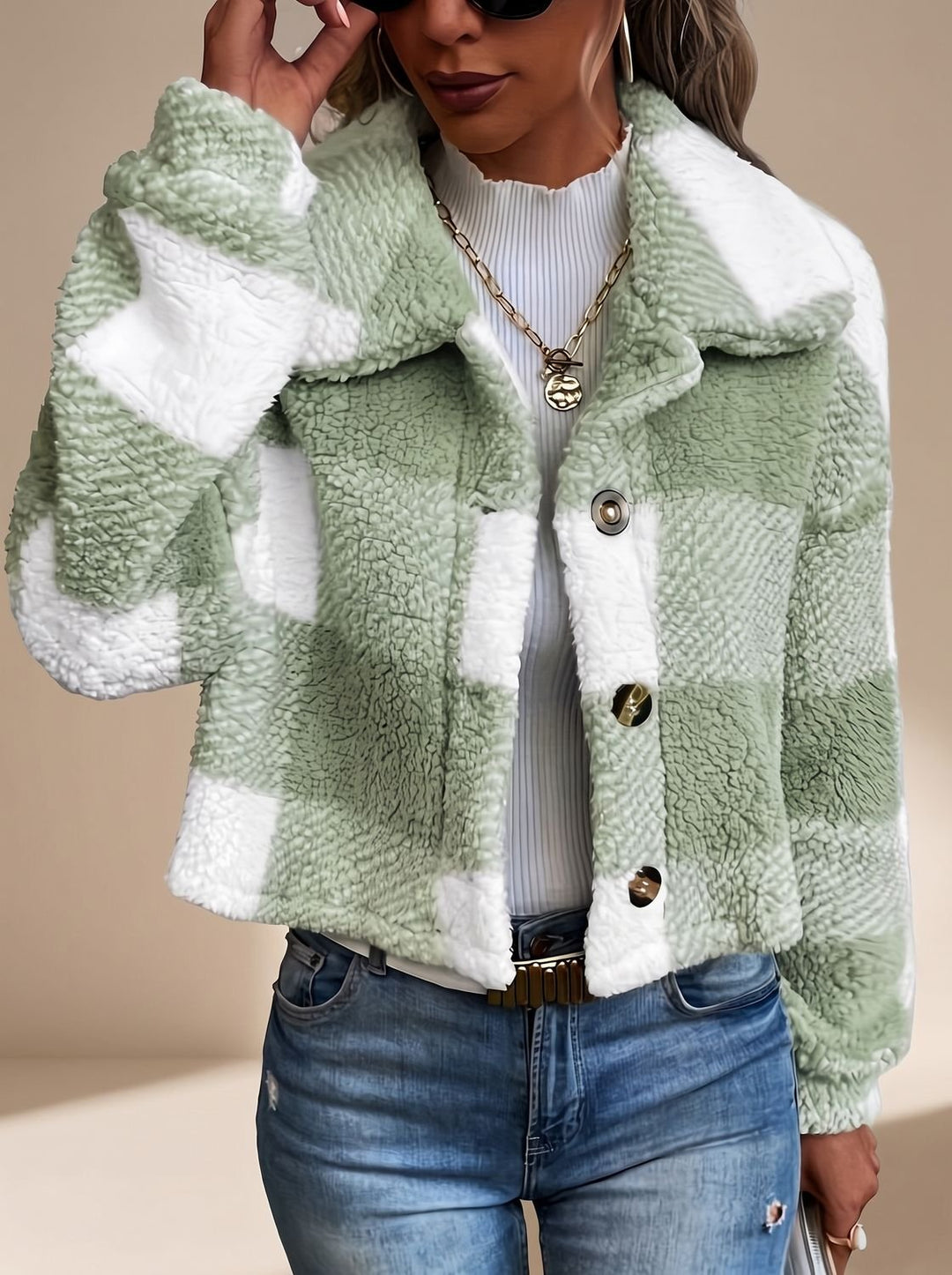 Dames Geblokte Teddy Jas Cropped Knoopsluiting Kraag