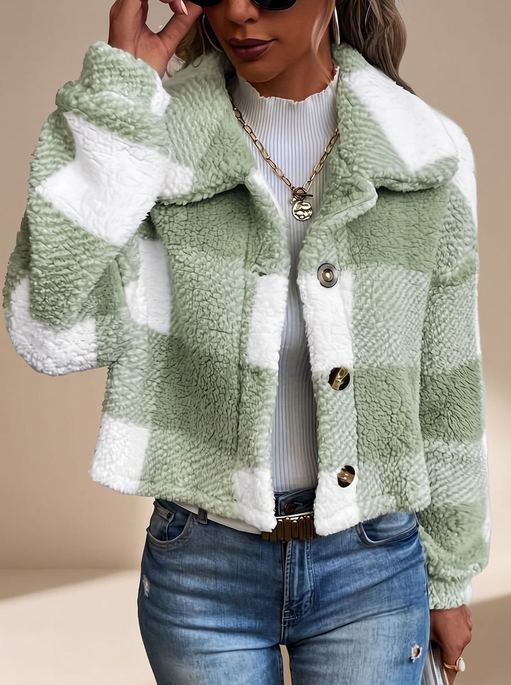 Dames Geblokte Teddy Jas Cropped Knoopsluiting Kraag