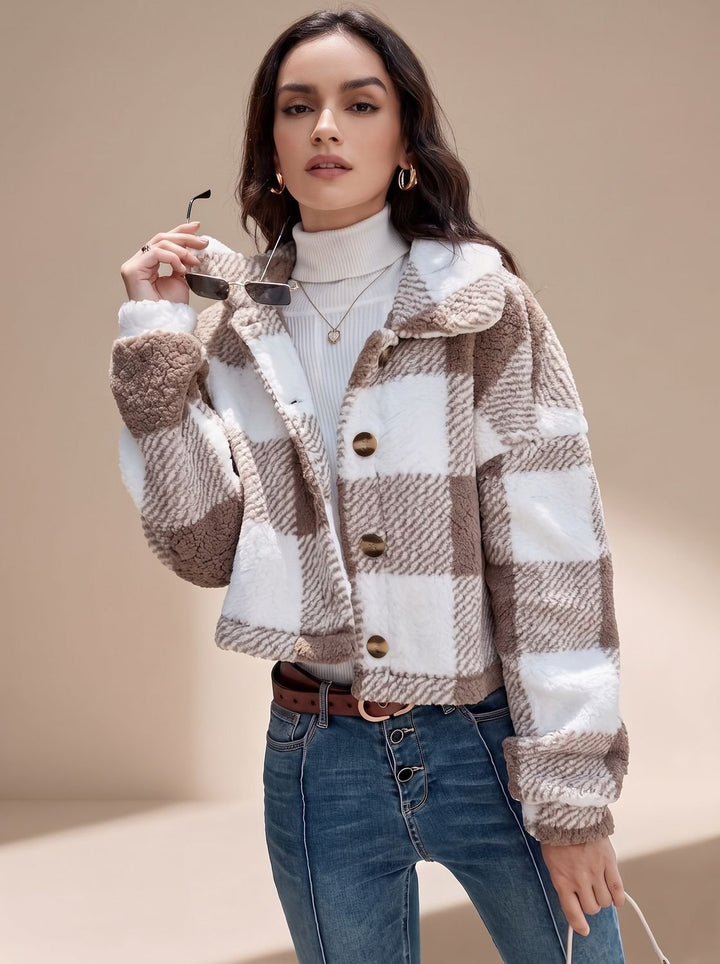 Dames Geblokte Teddy Jas Cropped Knoopsluiting Kraag - Bruin