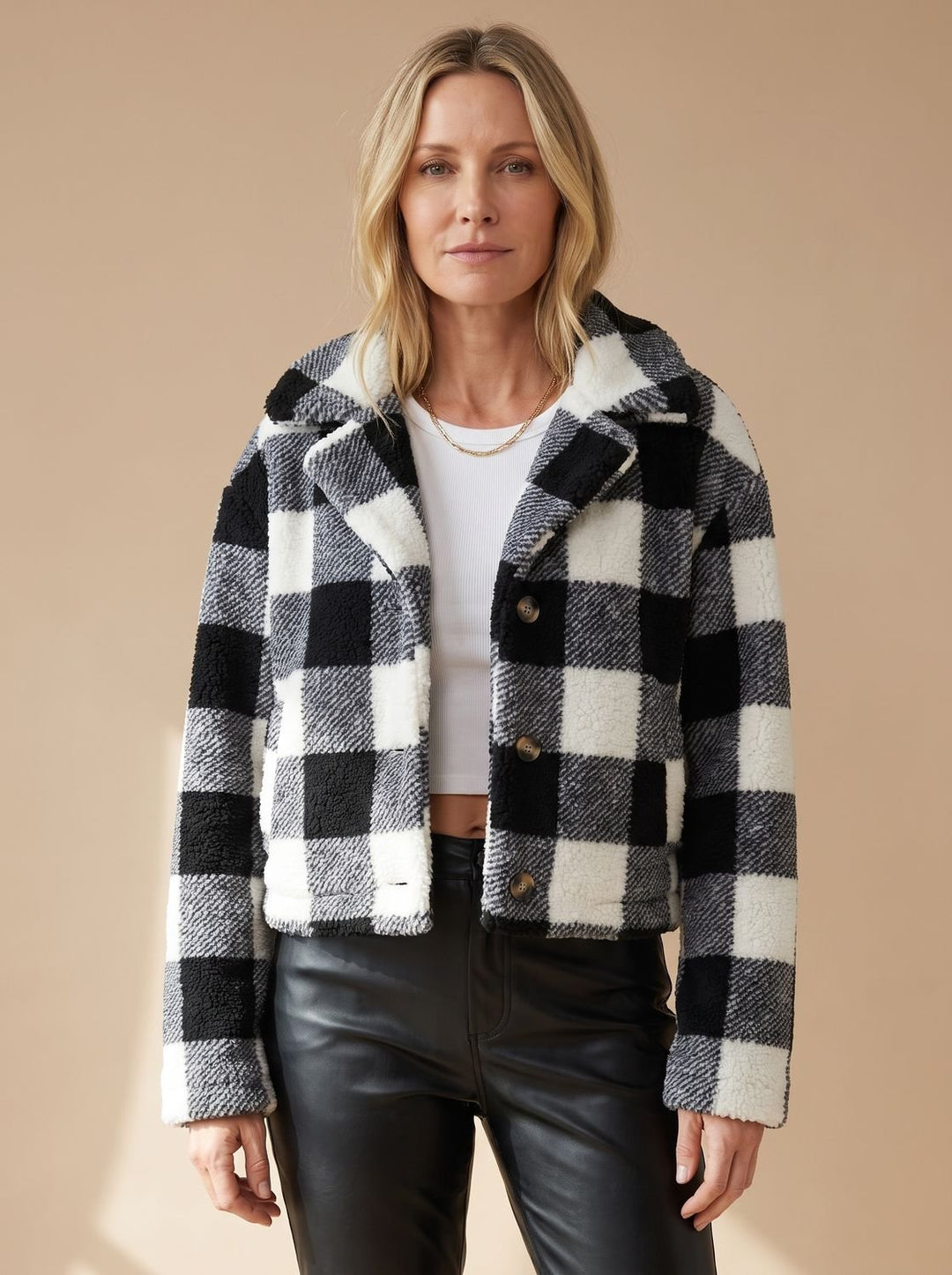 Dames Geblokte Teddy Jas Cropped Knoopsluiting Kraag - Zwart