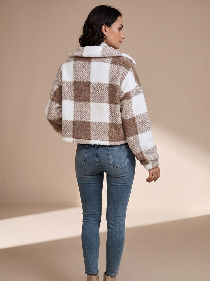 Dames Geblokte Teddy Jas Cropped Knoopsluiting Kraag