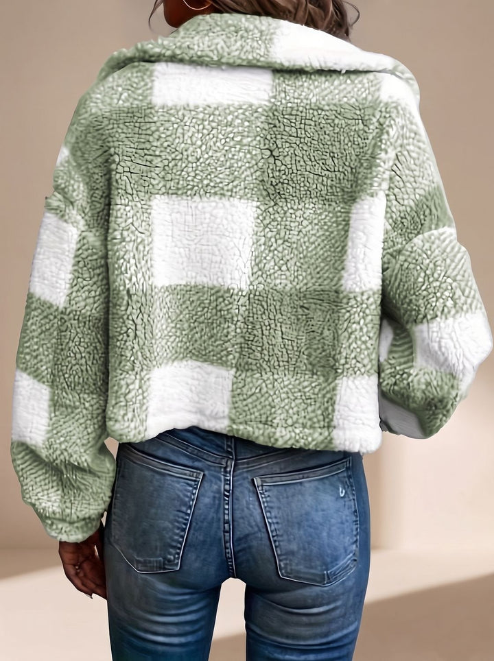 Dames Geblokte Teddy Jas Cropped Knoopsluiting Kraag