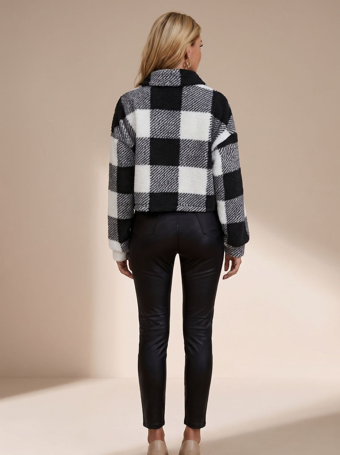 Dames Geblokte Teddy Jas Cropped Knoopsluiting Kraag