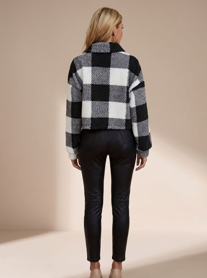 Dames Geblokte Teddy Jas Cropped Knoopsluiting Kraag