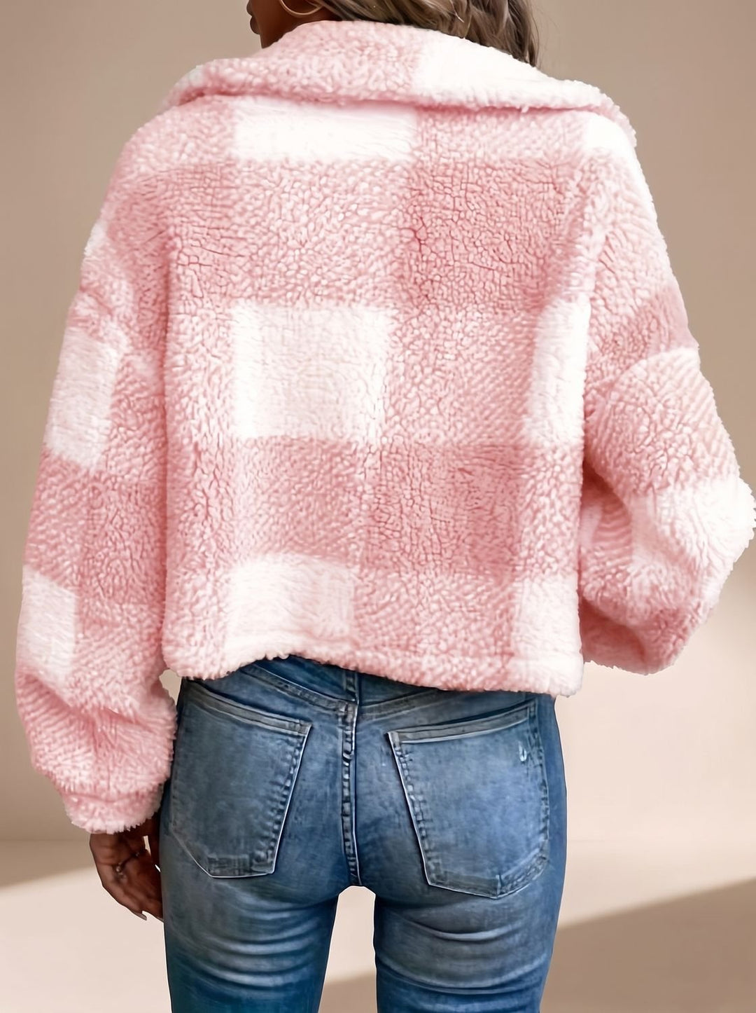 Dames Geblokte Teddy Jas Cropped Knoopsluiting Kraag