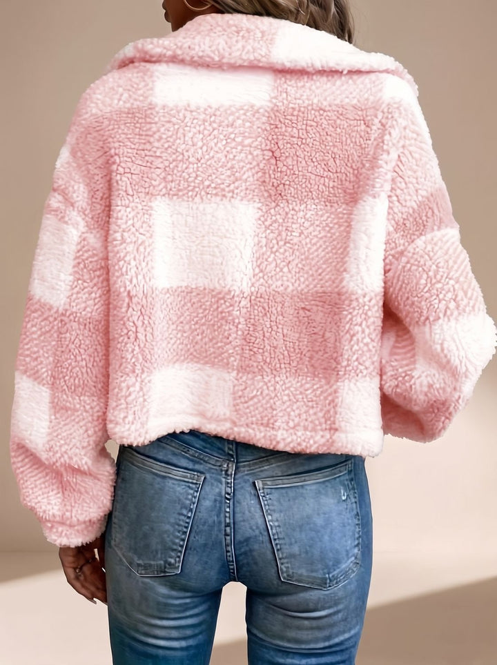 Dames Geblokte Teddy Jas Cropped Knoopsluiting Kraag