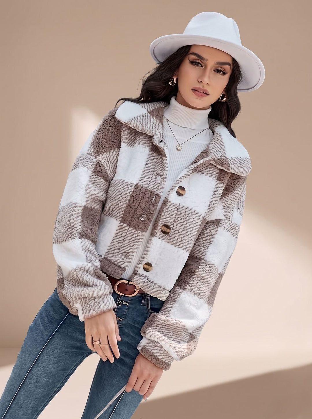 Dames Geblokte Teddy Jas Cropped Knoopsluiting Kraag