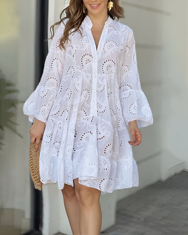 Dames Geborduurd Broderie Anglaise Uitlopende Midi-jurk - White