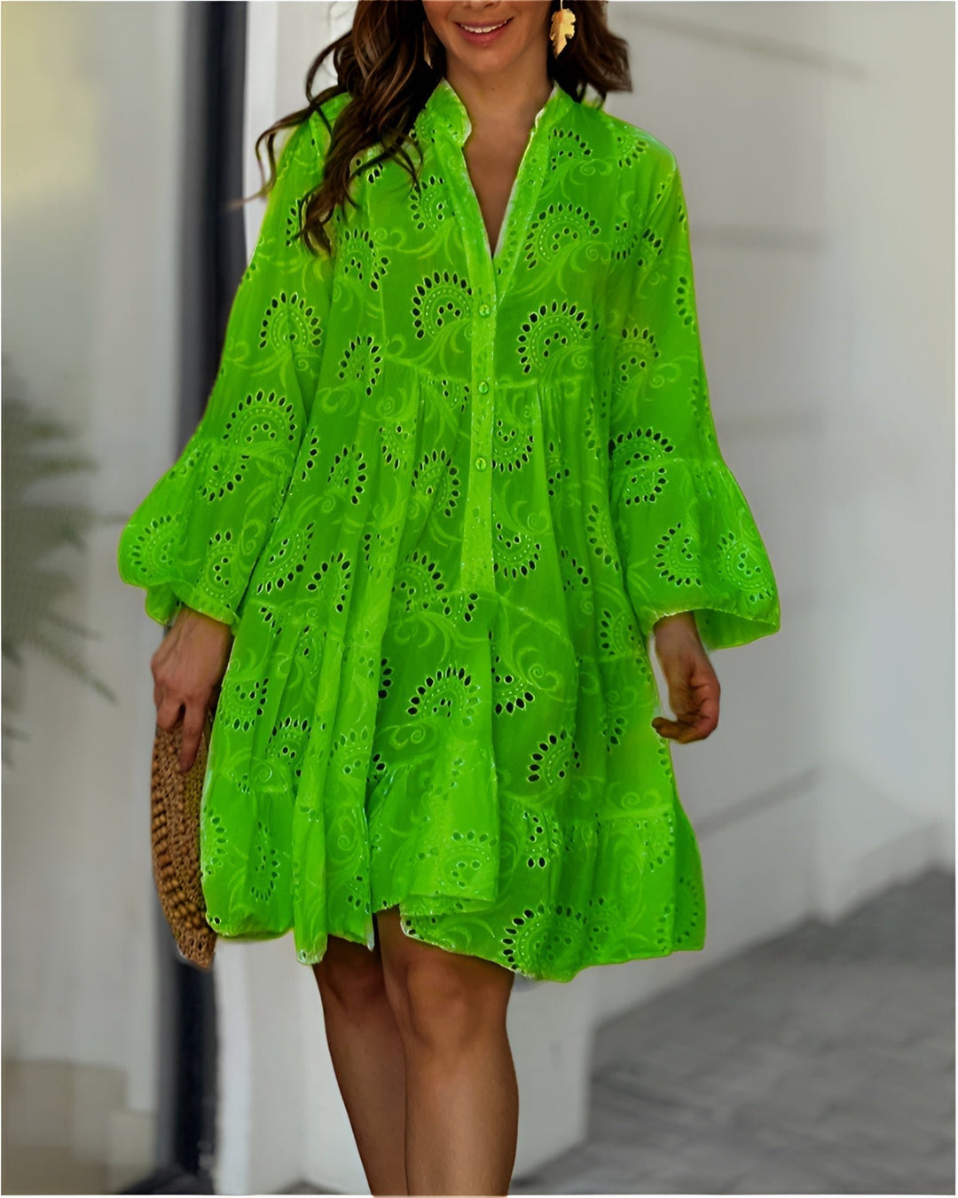 Dames Geborduurd Broderie Anglaise Uitlopende Midi-jurk - Green